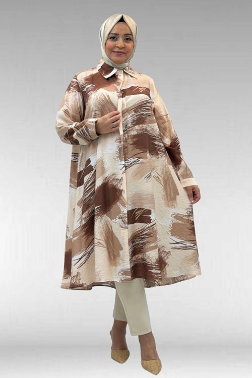 68015 Büyük Beden Mevlana Kesim Mango Gömlek - Desenli Çikolata Kahve