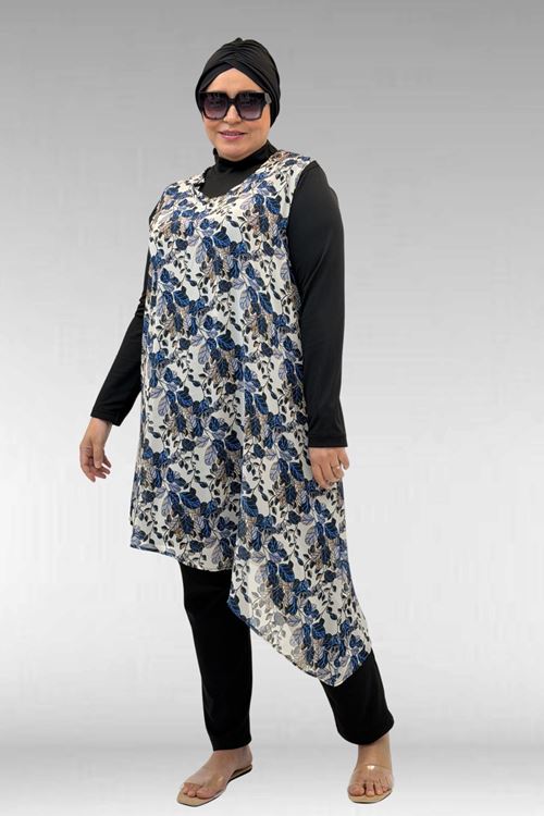 1723 Büyük Beden Uzunkol Şifon Pareolu Tesettür Mayo - Yaprak Desen Mavi