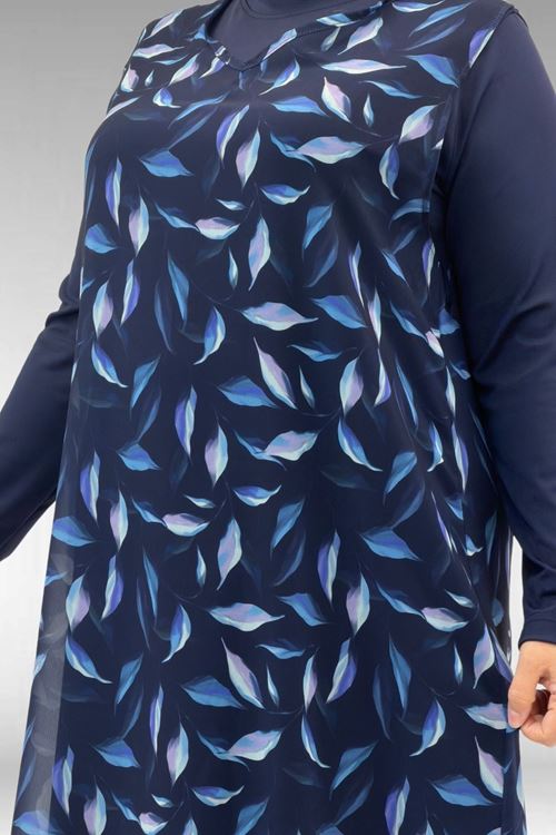 1723 Büyük Beden Uzunkol Şifon Pareolu Tesettür Mayo - Yaprak Desenli Lacivert