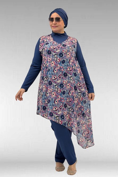 1723 Büyük Beden Uzunkol Şifon Pareolu Tesettür Mayo - Göz Desen İndigo-İndigo