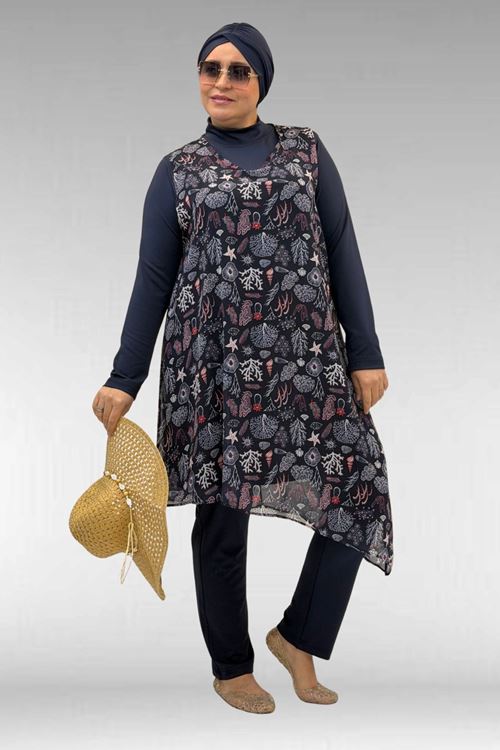 1723 Büyük Beden Uzunkol Şifon Pareolu Tesettür Mayo - Karışık Desen Laci-Laci