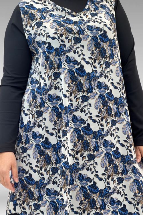 1723 Büyük Beden Uzunkol Şifon Pareolu Tesettür Mayo - Yaprak Desen Mavi