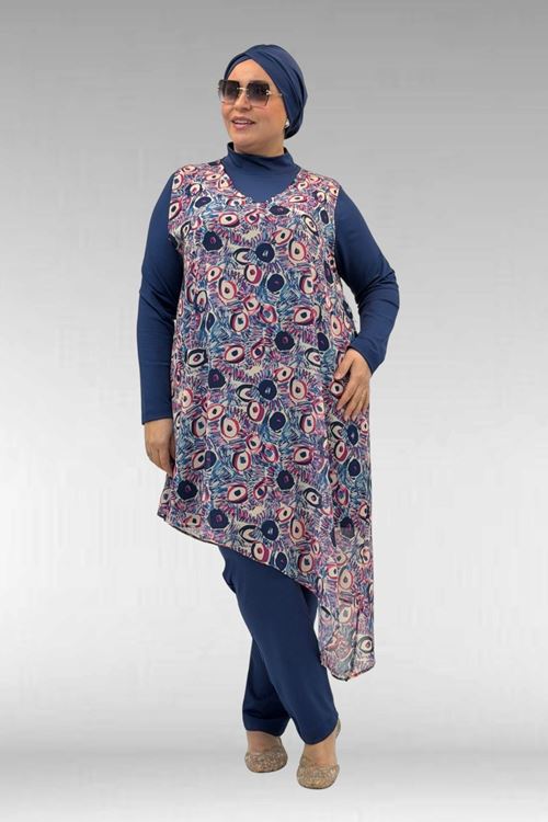 1723 Büyük Beden Uzunkol Şifon Pareolu Tesettür Mayo - Göz Desen İndigo-İndigo