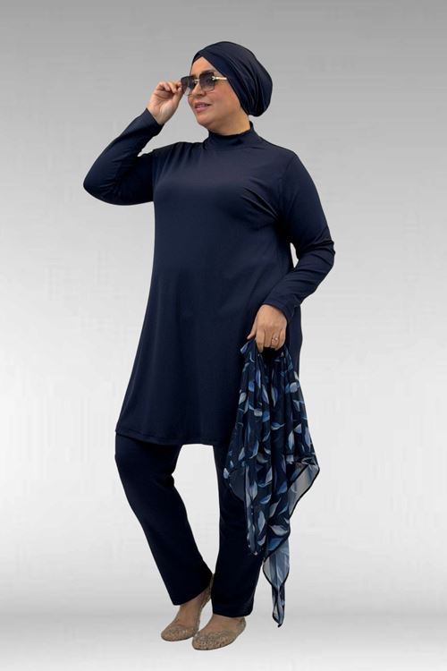 1723 Büyük Beden Uzunkol Şifon Pareolu Tesettür Mayo - Yaprak Desenli Lacivert