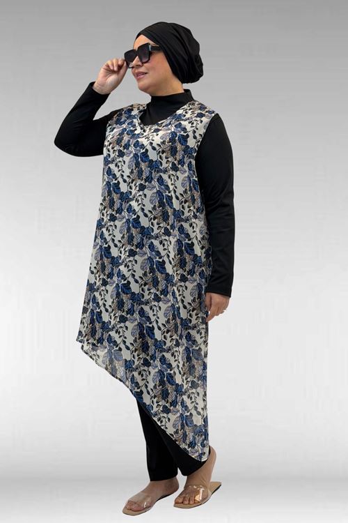 1723 Büyük Beden Uzunkol Şifon Pareolu Tesettür Mayo - Yaprak Desen Mavi