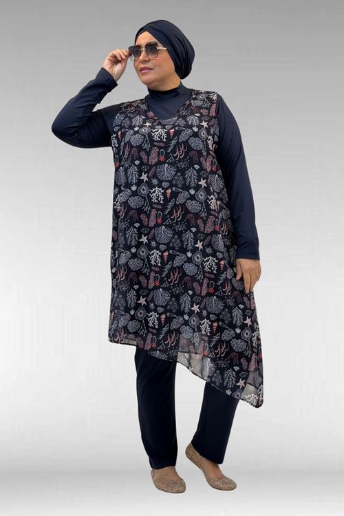 1723 Büyük Beden Uzunkol Şifon Pareolu Tesettür Mayo - Karışık Desen Laci-Laci