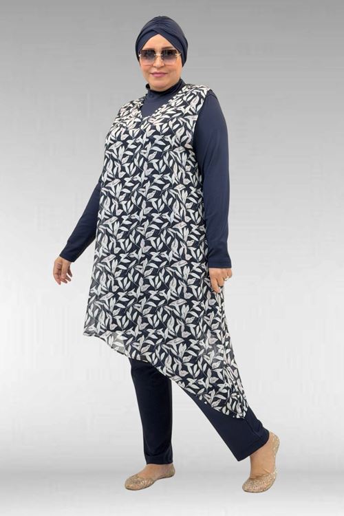 1723 Büyük Beden Uzunkol Şifon Pareolu Tesettür Mayo - Yaprak Desen Ekru-Laci