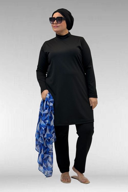 1723 Büyük Beden Uzunkol Şifon Pareolu Tesettür Mayo - Fırça Desen Saks-Siyah