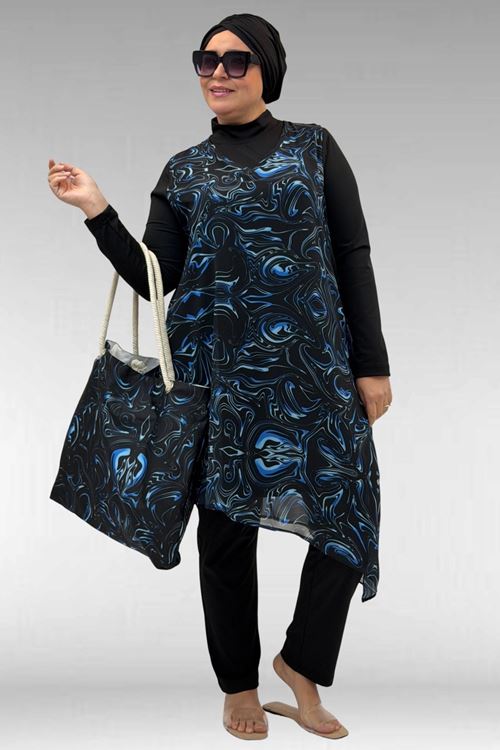 1723 Büyük Beden Uzunkol Şifon Pareolu Tesettür Mayo - Aqua Mavi