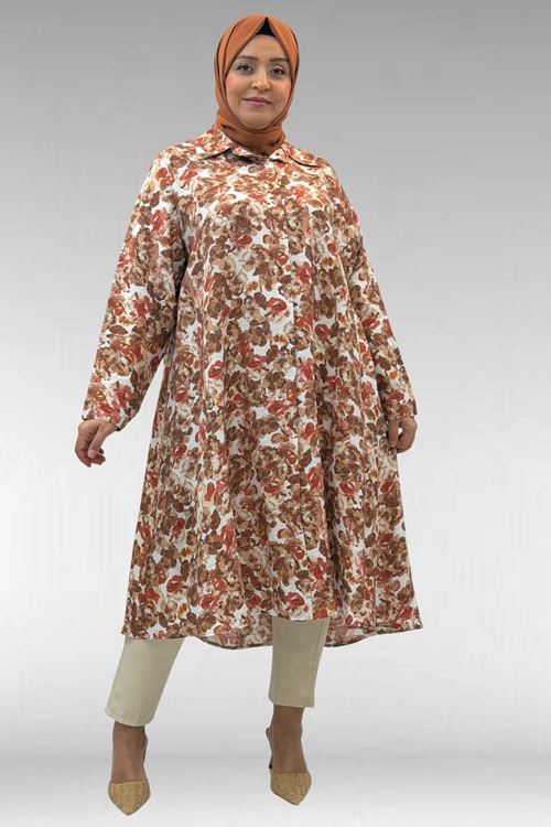 68015 Büyük Beden Mevlana Kesim Mango Gömlek - Çiçek Desenli Kahve
