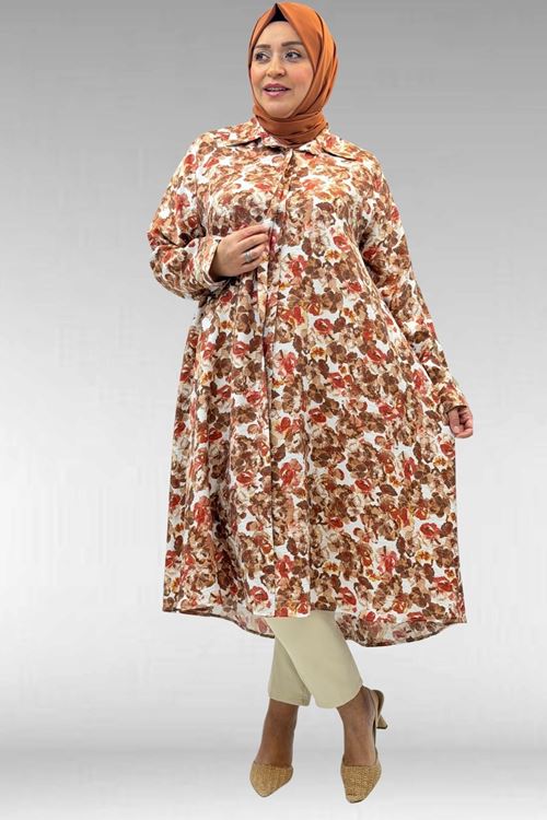 68015 Büyük Beden Mevlana Kesim Mango Gömlek - Çiçek Desenli Kahve