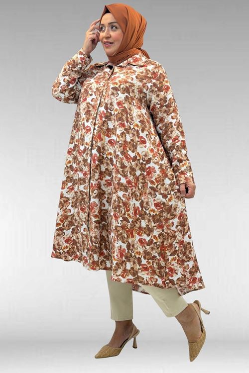 68015 Büyük Beden Mevlana Kesim Mango Gömlek - Çiçek Desenli Kahve