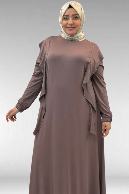 62003 Büyük Beden Omuzdan Aşağı Fırfır Detaylı Penye Elbise - Vizon