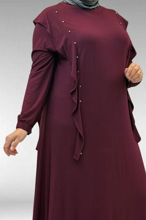 62003 Büyük Beden Omuzdan Aşağı Fırfır Detaylı Penye Elbise - Bordo