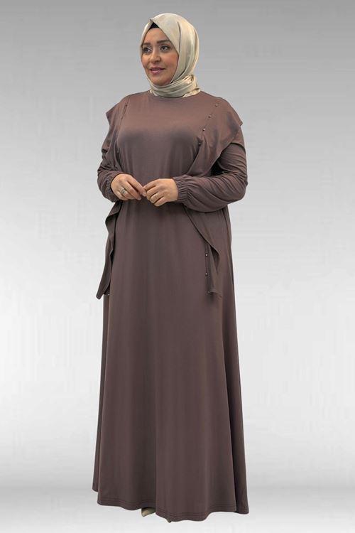 62003 Büyük Beden Omuzdan Aşağı Fırfır Detaylı Penye Elbise - Vizon