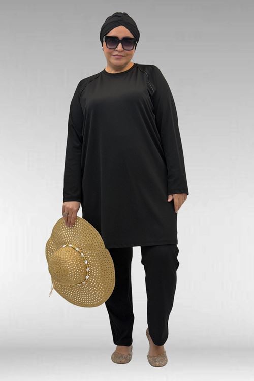 1741 Büyük Beden Kıstırma Biyeli Tesettür Mayo - Siyah