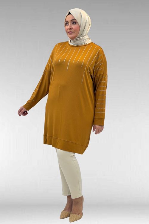 68020 Büyük Beden Damla Taş Detaylı Penye Tunik - Hardal