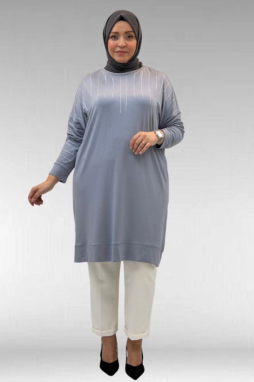 68020 Büyük Beden Damla Taş Detaylı Penye Tunik - Gri