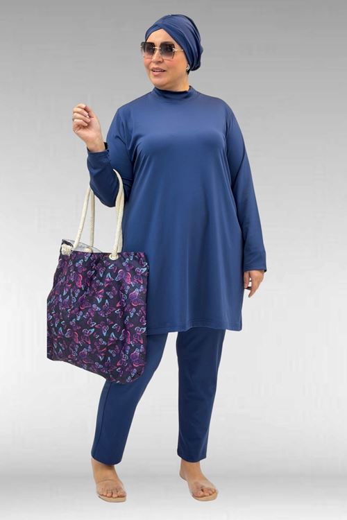 1738 Büyük Beden Düz Renk Tesettür Mayo - İndigo