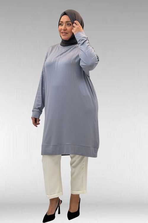 68020 Büyük Beden Damla Taş Detaylı Penye Tunik - Gri