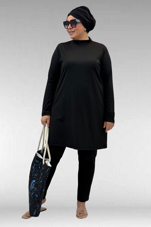 1738 Büyük Beden Düz Renk Tesettür Mayo - Siyah