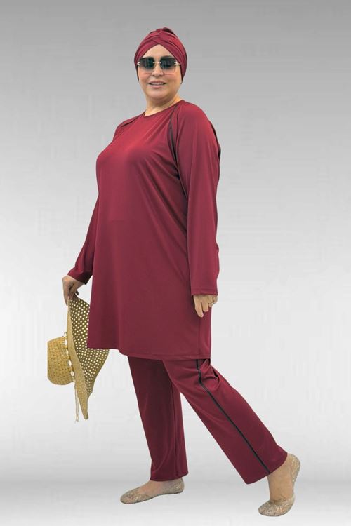 1741 Büyük Beden Kıstırma Biyeli Tesettür Mayo - Bordo