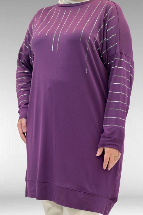 68020 Büyük Beden Damla Taş Detaylı Penye Tunik - Mürdüm