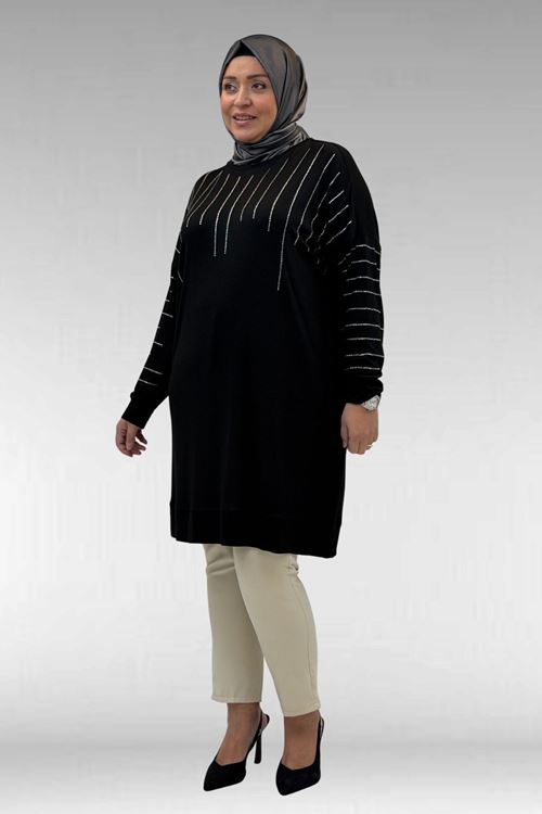 68020 Büyük Beden Damla Taş Detaylı Penye Tunik - Siyah