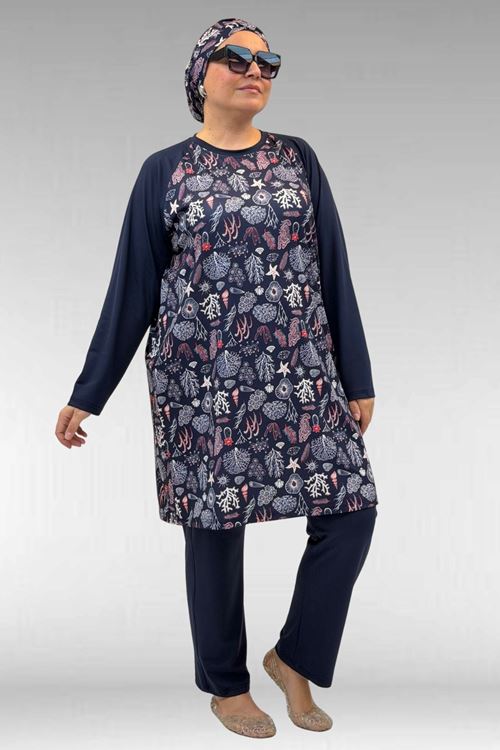 1742 Büyük Beden Uzunkol Tesettür Mayo Takım - Karışık Desen Laci