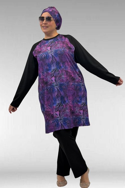 1742 Büyük Beden Uzunkol Tesettür Mayo Takım - Yaprak Desen Mor