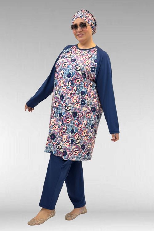 1742 Büyük Beden Uzunkol Tesettür Mayo Takım - Göz Desen İndigo