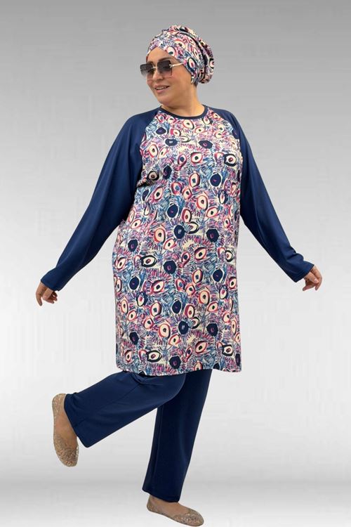 1742 Büyük Beden Uzunkol Tesettür Mayo Takım - Göz Desen İndigo