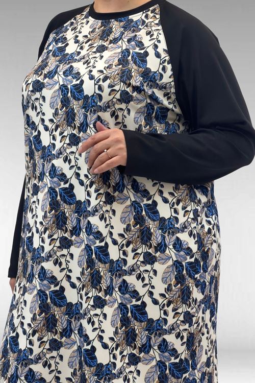 1742 Büyük Beden Uzunkol Tesettür Mayo Takım - Yaprak Desen Mavi