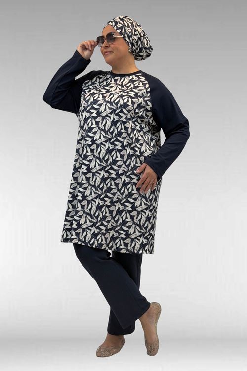 1742 Büyük Beden Uzunkol Tesettür Mayo Takım - Yaprak Desen Ekru