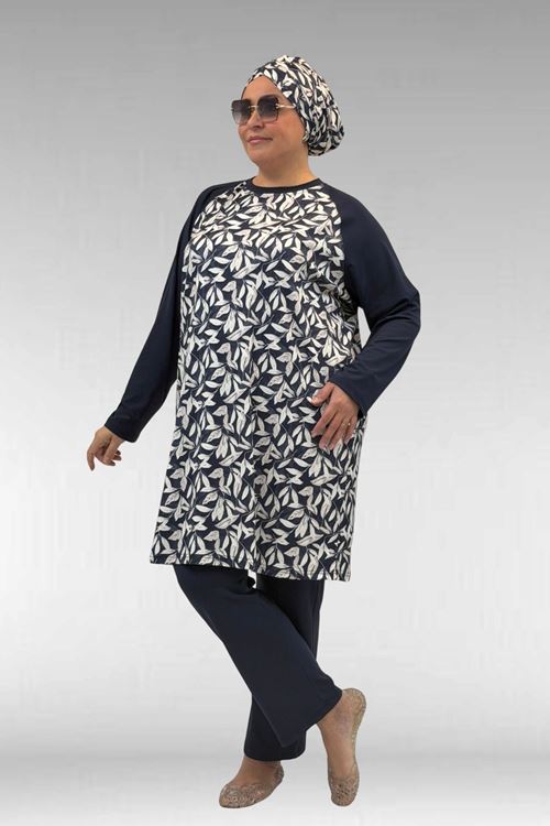 1742 Büyük Beden Uzunkol Tesettür Mayo Takım - Yaprak Desen Ekru