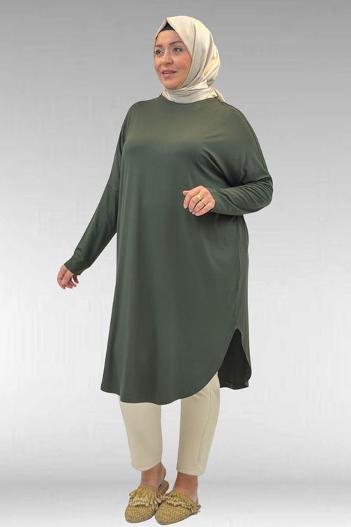 38110  Büyük Beden Düşük Kol Penye Tunik - Haki