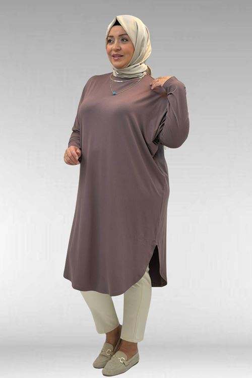 38110  Büyük Beden Düşük Kol Penye Tunik - Vizon