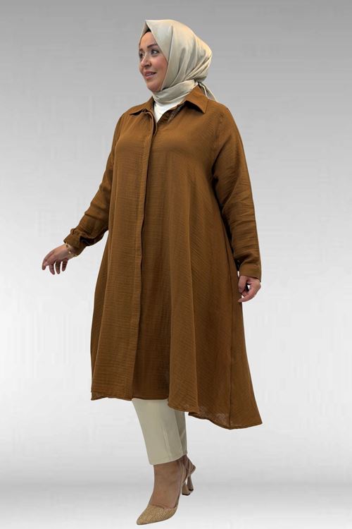 58093 Büyük Beden Mevlana Kesim Müslin Gömlek - Kahve