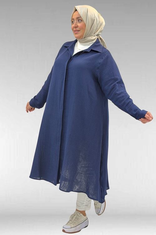 58093 Büyük Beden Mevlana Kesim Müslin Gömlek - Lacivert