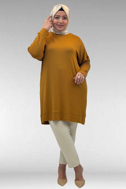 68001 Büyük Beden Önü Taş Baskı Detaylı Penye Tunik - Hardal