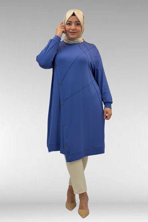 68006 Büyük Beden Pat Üzeri Düğme Detaylı Penye Tunik - İndigo