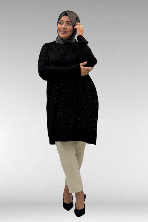 68001 Büyük Beden Önü Taş Baskı Detaylı Penye Tunik - Siyah
