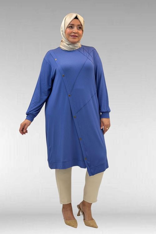 68006 Büyük Beden Pat Üzeri Düğme Detaylı Penye Tunik - İndigo