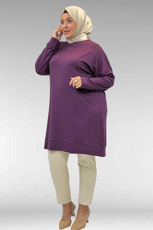 68001 Büyük Beden Önü Taş Baskı Detaylı Penye Tunik - Mürdüm