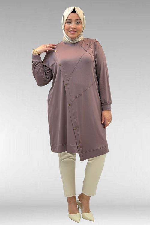 68006 Büyük Beden Pat Üzeri Düğme Detaylı Penye Tunik - Vizon