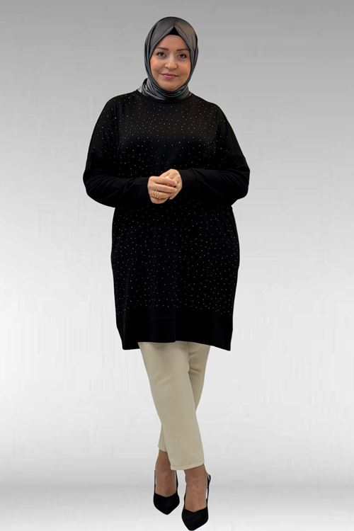 68001 Büyük Beden Önü Taş Baskı Detaylı Penye Tunik - Siyah