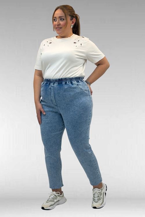 69002 Büyük Beden Beli Lastikli Darpaça Uzun Kot Pantolon - Kar Yıkama Mavi