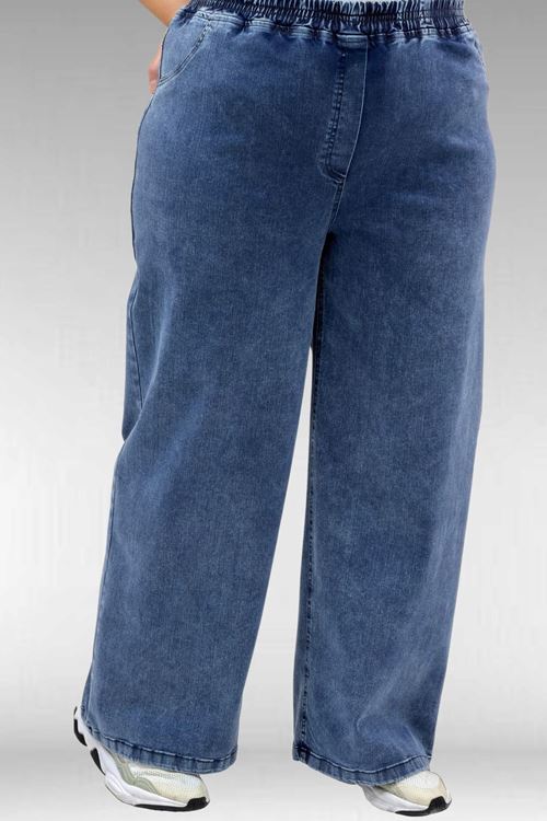 69003 Büyük Beden Beli Lastikli Bolpaça Kot Pantolon - Koyu Mavi