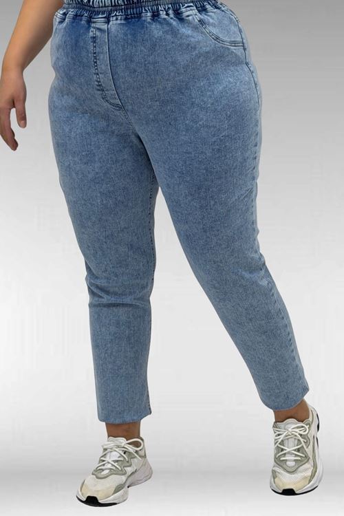 69002 Büyük Beden Beli Lastikli Darpaça Uzun Kot Pantolon - Kar Yıkama Mavi