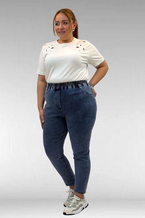 69002 Büyük Beden Beli Lastikli Darpaça Uzun Kot Pantolon - Koyu Mavi